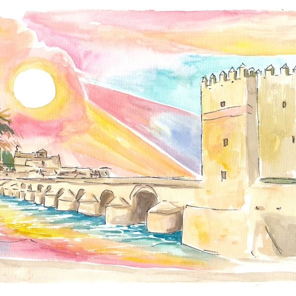 Cordoba Sunset in Andalusia with Historic Roman Bridge - Limited Edition Fine Art Print - Original Painting available