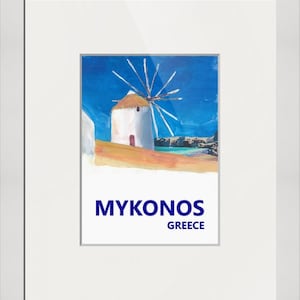 Mykonos Greece Windmill, Sea and Little Venice Travel Retro Poster - Fine Art Print
