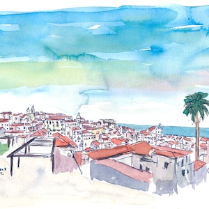May include: Watercolor painting of a cityscape with red-tiled roofs and a single palm tree in the foreground. The sky is a light blue with a few clouds.