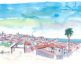Impresionante vista del casco antiguo de Alfama, Lisboa, Portugal - Impresión artística de edición limitada - Pintura original disponible