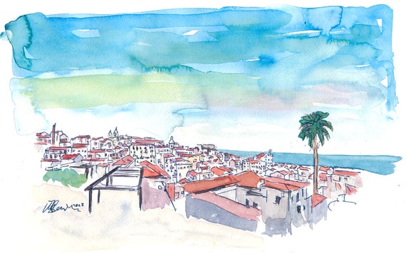 Lisbon Portugal Amazing View of Alfama Old Town - Limited Edition Fine Art Print - Original Painting available