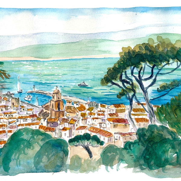 Saint Tropez Coastal View of Turquoise French Riviera - Limited Edition Fine Art Print - Original Painting available