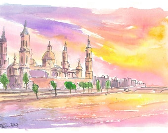 Saragossa Spain with Ebro River and Cathedral Our Lady of the Pillar - Limited Edition Fine Art Print - Original Painting available