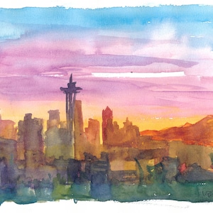 Seattle Washington Skyline in Golden Sunset Mood - Original Painting & Art Print