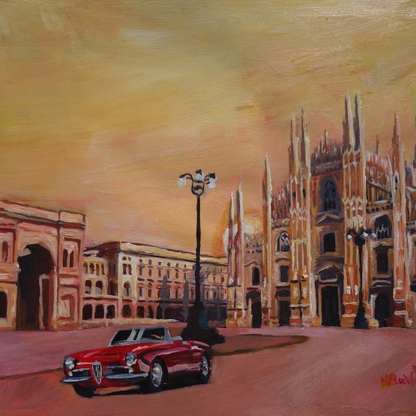 Cathédrale de Milan avec Oldtimer Cabriolet Alfa Romeo - Tirage d'art en édition limitée