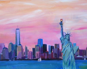 New York City - Manhattan Skyline mit World Trade Center One und Freiheitsstatue