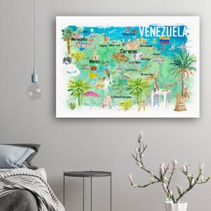 May include: A watercolor illustration of a map of Venezuela with the names of major cities, including Caracas, Maracaibo, and Merida. The map is surrounded by palm trees, a beach, and other tropical elements. The word "VENEZUELA" is written in black at the top of the map.