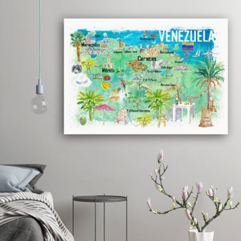 May include: A watercolor illustration of a map of Venezuela with the names of major cities, including Caracas, Maracaibo, and Merida. The map is surrounded by palm trees, a beach, and other tropical elements. The word "VENEZUELA" is written in black at the top of the map.
