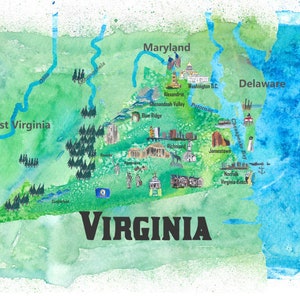 USA Virginia State Illustrated Travel Poster Map with Touristic Highlights