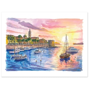 May include: Watercolor painting of a coastal town at sunset. The artwork depicts boats in a harbor, buildings, and a tower. The sky is a blend of pink, orange, and yellow hues.