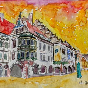München Hofbrauhaus Solnedgång vid Platzl Målning & Tryck i begränsad upplaga