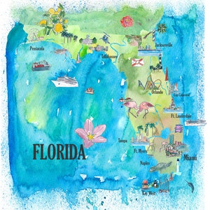 USA Florida State Illustrated Fine Art Print Retro Vintage Map with Touristic Highlights