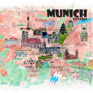 Mapa ilustrado de Múnich y Baviera con carreteras principales, lugares de interés y atracciones. Póster de viaje.