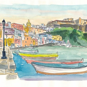 Procida Italia Barcos y puerto en la tarde - Impresión de bellas artes de edición limitada - Pintura original disponible
