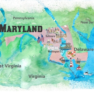 USA Maryland State Illustrated Travel Poster Map avec des points forts touristiques - Fine Art Print