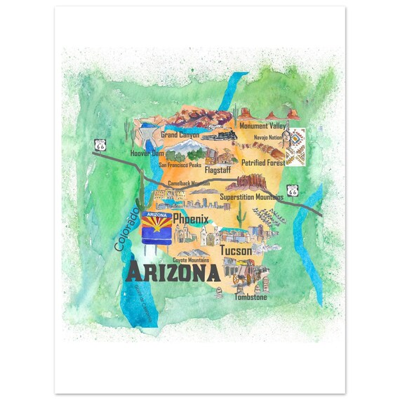 USA Arizona State Travel Poster Illustrated Art Map - Fine Art
