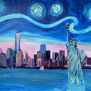 Starry Night over Manhattan with Statue of Liberty and WTC - Limited Edition Fine Art Print/Original Canvas Painting