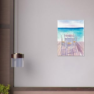 Dromen van een restauranttafel aan het water met turquoise zee - Limited Edition Fine Art Print - Origineel schilderij beschikbaar