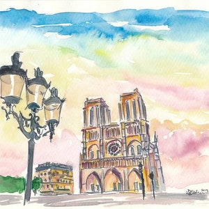 Catedral de Notre Dame París Francia al atardecer - Pintura original e impresión de arte