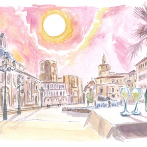 Valencia Spain with Plaza de la Virgen and Fountain - Limited Edition Fine Art Print - Original Painting available