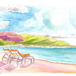 May include: A watercolor painting of a beach scene with two lounge chairs under a purple umbrella. The chairs are facing the ocean, which is a light blue color. The beach is a light pink color. There are green hills in the background.