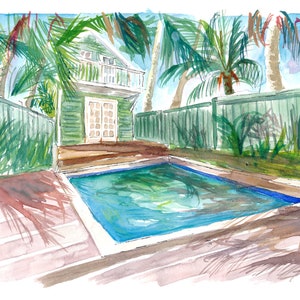 Könnte beinhalten: Ein Aquarellbild eines grünen Hauses mit einem Swimmingpool im Garten. Das Haus hat einen weißen Balkon und eine Holzterrasse. Im Hintergrund befinden sich Palmen.