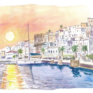 Naxos Romantic Greek Sunset at Harbour Waterfront  - Limited Edition Fine Art Print - Original Painting available