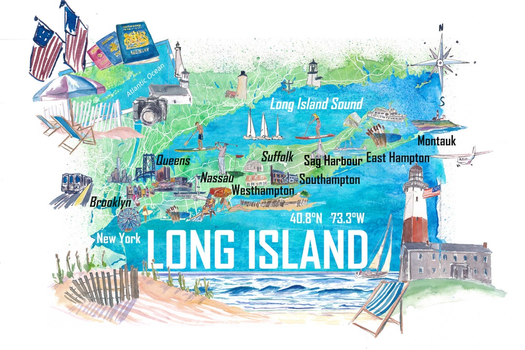 Long Island NY Illustrated Map With Roads and Highlights Etsy