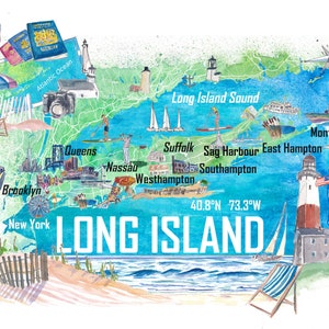 Carte illustrée de Long Island NY avec routes et points forts