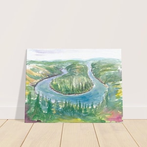 May include: Watercolor painting of a river winding through a green valley. The river is a light blue color and the valley is a mix of light and dark greens. The painting is done in a loose, impressionistic style.