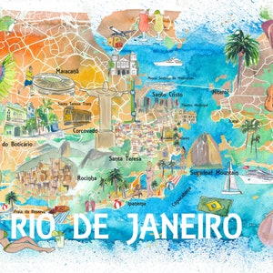 Rio de Janeiro Illustrated Map with Main Roads Landmarks and Highlights