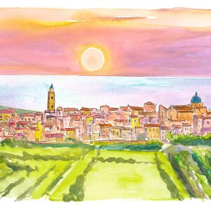 May include: Watercolor painting of a European village at sunset. The artwork depicts a town with buildings of various colors, a tall bell tower, and a domed structure. The sky is a blend of pink and orange, with a bright sun.