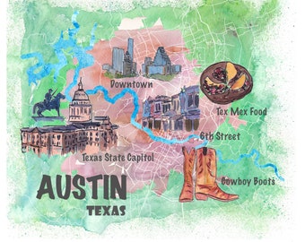 Austin Lieblingskarte mit beliebten Reise-Highlights im Retro-Look - als Kunstdruck