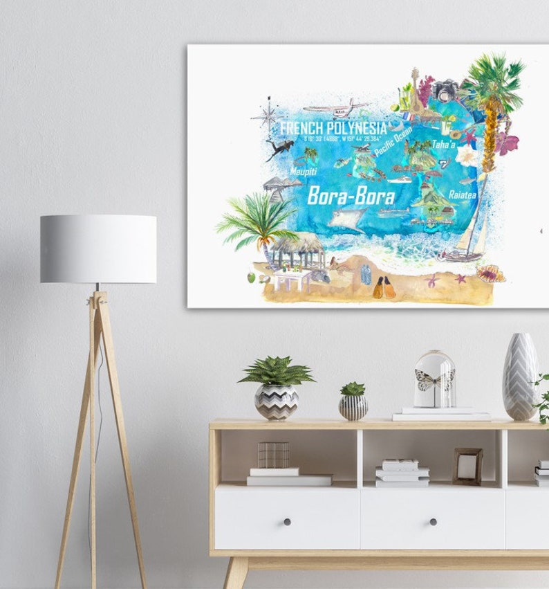 Bora Bora Islands French Polynesia Illustrated Travel Map with Touristic Highlights Fine Art Print image 2