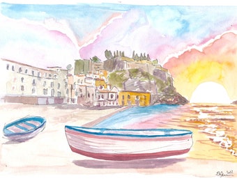 Portofino Italy Watercolor Art Print, Coastal Seascape (8x10