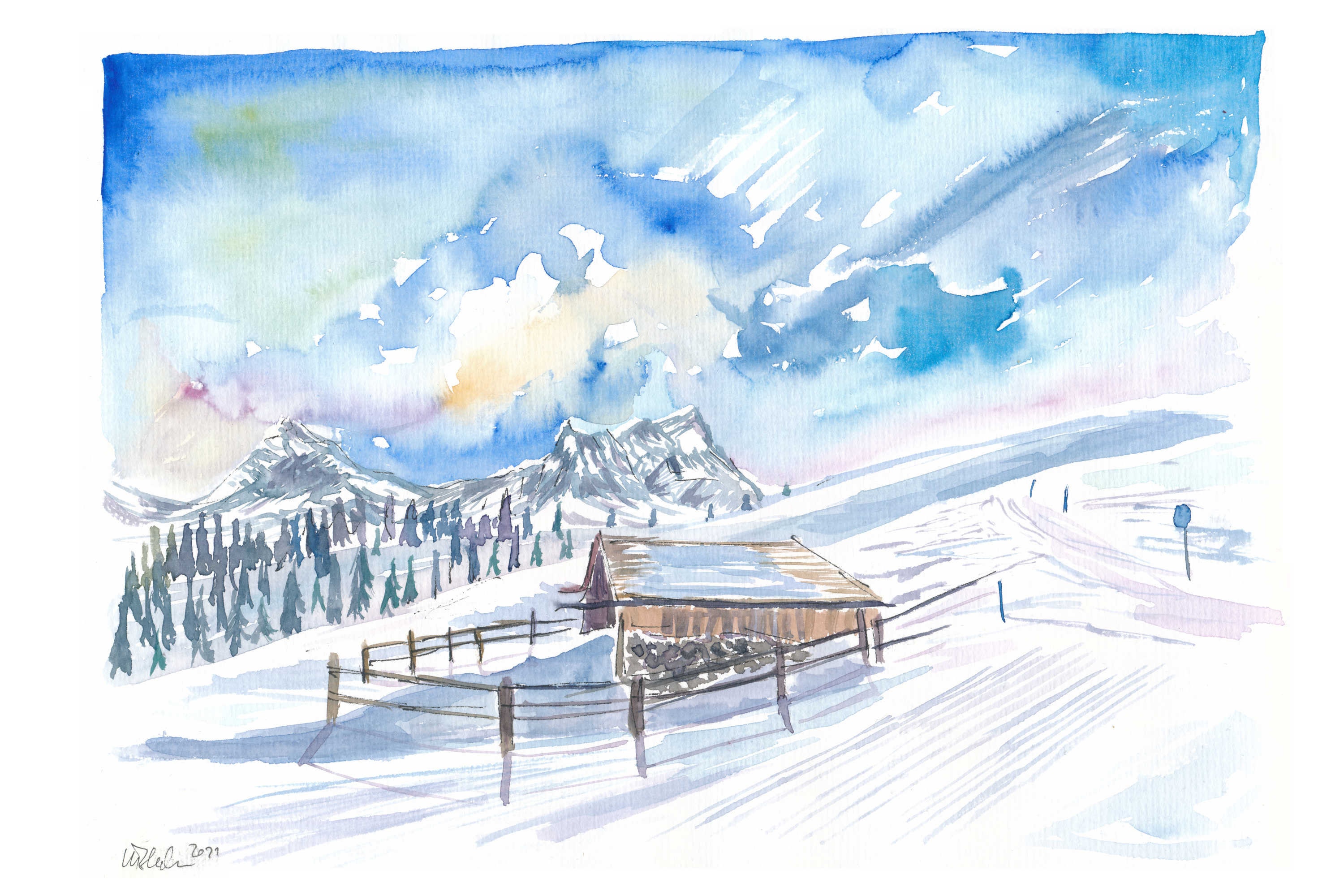 ロマンチックなアルプスの小屋、雪と山々の冬の風景 - 限定版ファイン