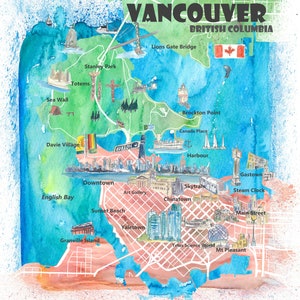 Vancouver British Columbia Canada Illustrated Map with Main Roads Landmarks and Highlights