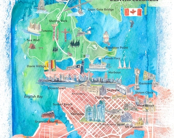 May include: A watercolor illustration of a map of Vancouver, British Columbia, Canada. The map shows various landmarks and neighborhoods, including Stanley Park, Gastown, Granville Island, and Yaletown. The map is painted in shades of blue, green, and pink.