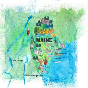 USA Maine State Illustrated Travel Poster Map avec des faits saillants touristiques - Fine Art Print