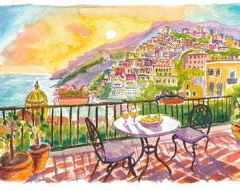Positano Balcony View with Lemons, Amalfi Coast and Cityscape - Fine Art Print - Original Painting