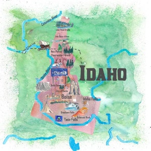 USA Idaho State Travel Poster Illustrated Art Map - Stampa Fine Art