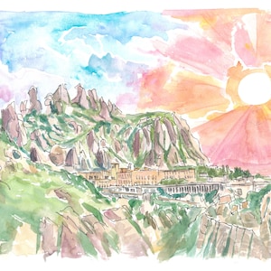 May include: Watercolor painting of a mountain range with a building at the base. The sky is a vibrant pink and orange with a bright white sun.