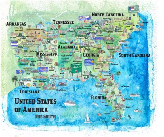 アメリカ南部の州旅行ポスター地図 フロリダ ルイジアナ ミシシッピ