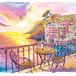 May include: Watercolour painting of a coastal Italian town at sunset. A balcony with a table, chairs, and wine glasses is in the foreground. The buildings are colourful, and the sky is filled with pink, orange, and yellow hues.