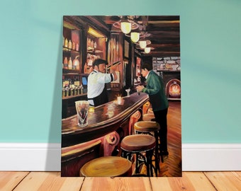 At Illuminated Dream Bar with Bartender and Stranger -  Original Painting & Print