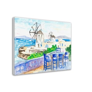 Whimsical Mykonos: A Serene Seaside View with Windmills, Azure Chairs - Limited Edition Fine Art Print - Original Painting available