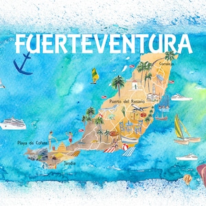 Carte illustrée de Fuerteventura Canarias Espagne avec points de repère et faits saillants - Fine Art Print