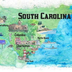 USA Caroline du Sud État Affiche Carte avec les points forts touristiques