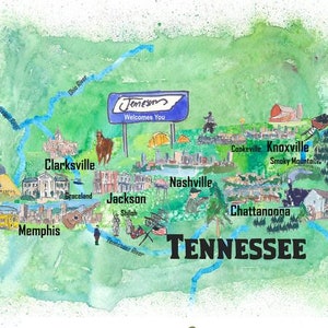 Carte d'affiche de voyage de l'État du Tennessee aux États-Unis avec les points forts touristiques
