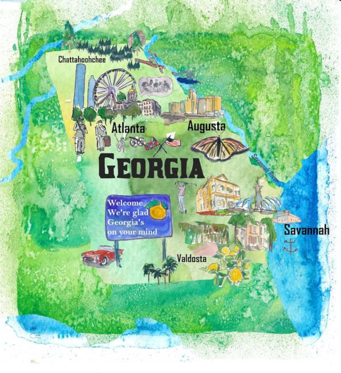 USA State Travel Poster Map With Tourist Highlights Etsy